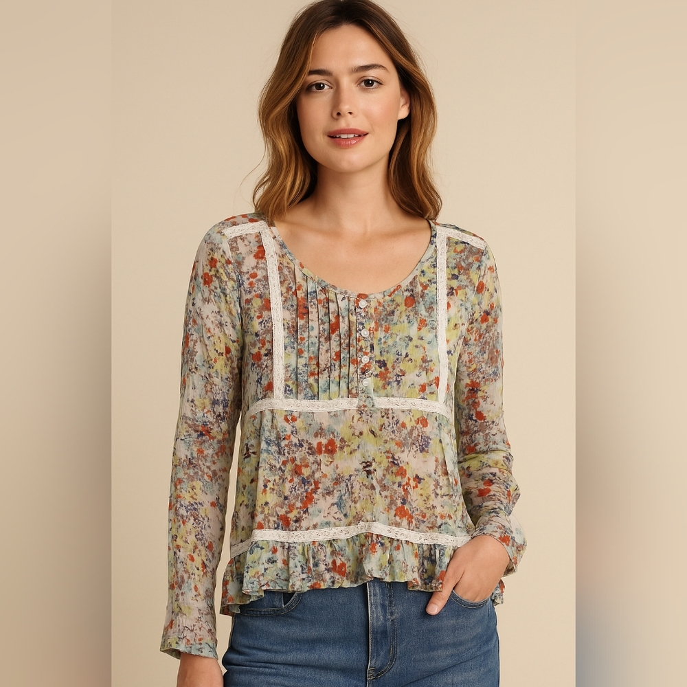 American Rag Semi-Sheer Floral Blouse Ruffle Lace Trim Tie Back